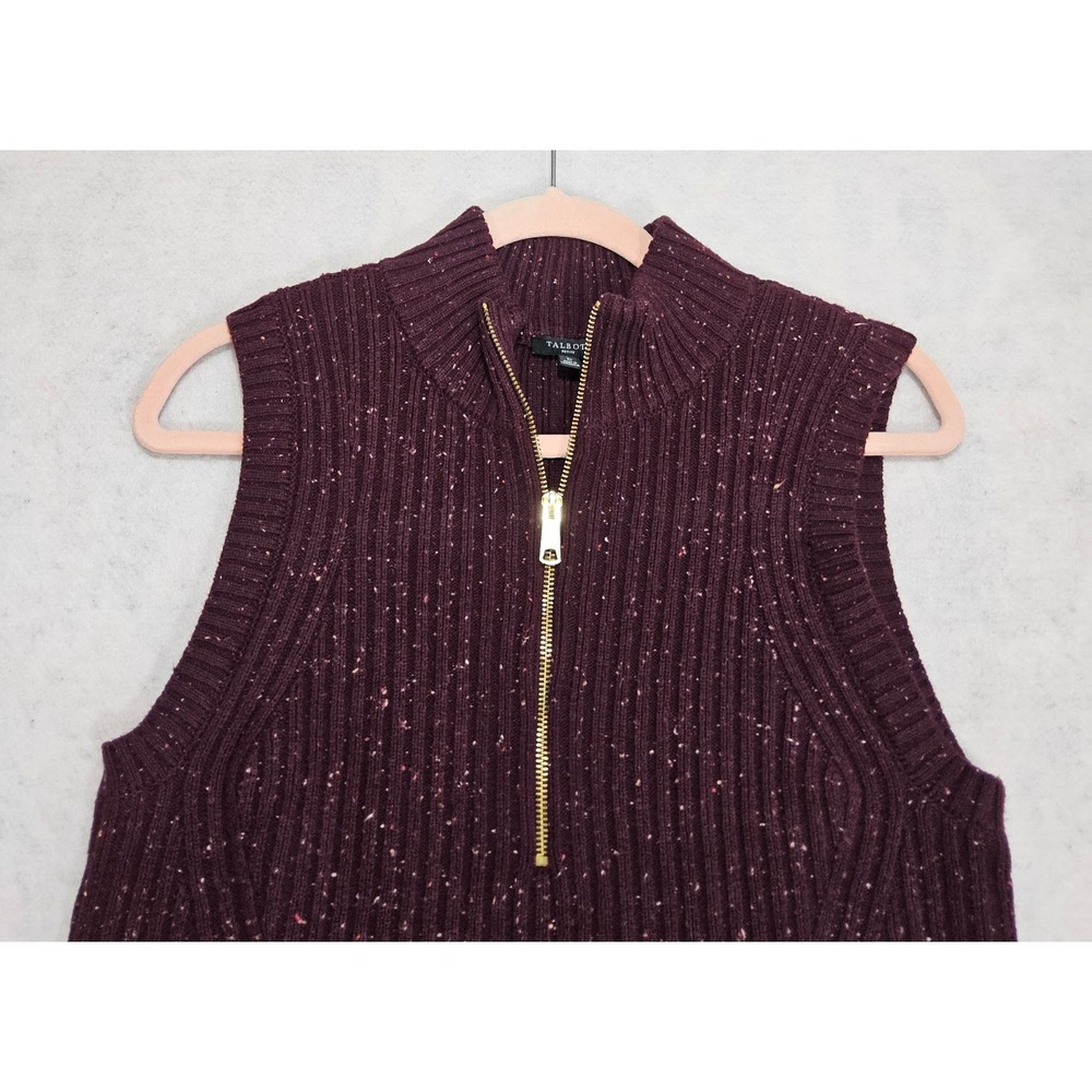 Talbots Sweater Vest S Petite Cable Knit Half Zip Ribbed Speckled Burgundy Wine